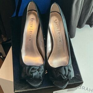 White House Black Market Black Satin Peep-Toe Heels with Bow Accent